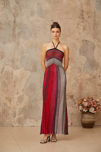 Ulysse – Neckholder-Maxikleid aus rotem Metallic-Strick