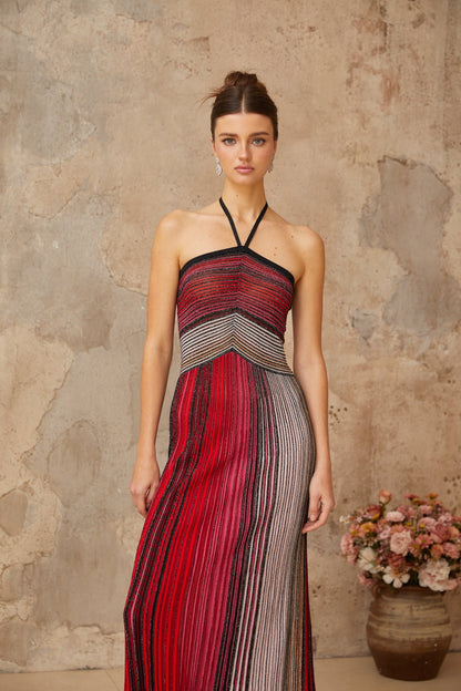 Ulysse – Neckholder-Maxikleid aus rotem Metallic-Strick