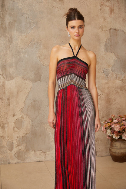 Ulysse – Neckholder-Maxikleid aus rotem Metallic-Strick