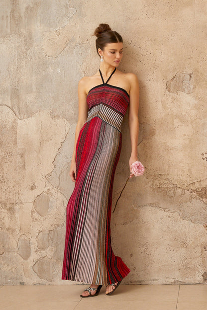 Ulysse – Neckholder-Maxikleid aus rotem Metallic-Strick