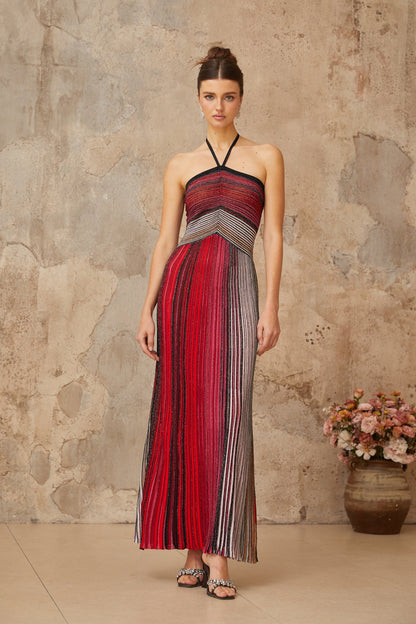 Ulysse – Neckholder-Maxikleid aus rotem Metallic-Strick