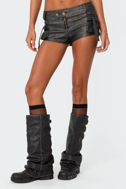 Evelyn Washed Faux Leather Micro Cargo Shorts
